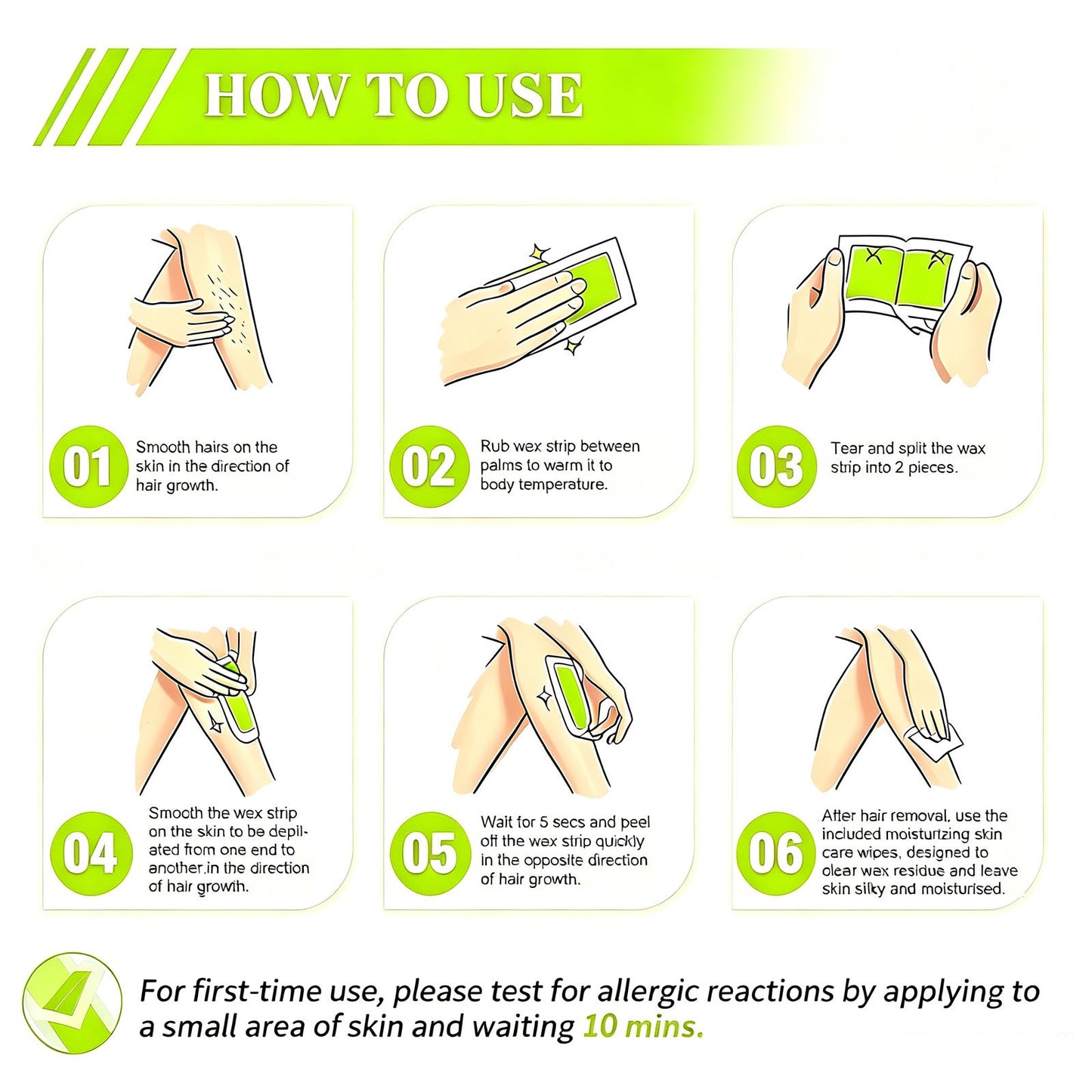Charmonic 100pcs Wax Strips for Hair Removal, All-Over Body Wax Hair Removal Kit for Women & Men with 10 After-Wax Wipes(Green)