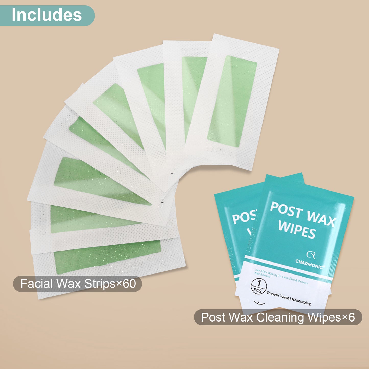 Charmonic Facial Wax Strips-60 Strips for Women, Hair Remover Waxing Kit for Face Eyebrow Upper Lip Cheek with 60 Face Wax Strips + 6 Wax Wipes