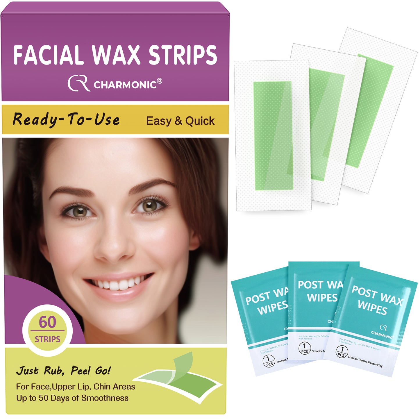 Charmonic Facial Wax Strips-60 Strips for Women, Hair Remover Waxing Kit for Face Eyebrow Upper Lip Cheek with 60 Face Wax Strips + 6 Wax Wipes
