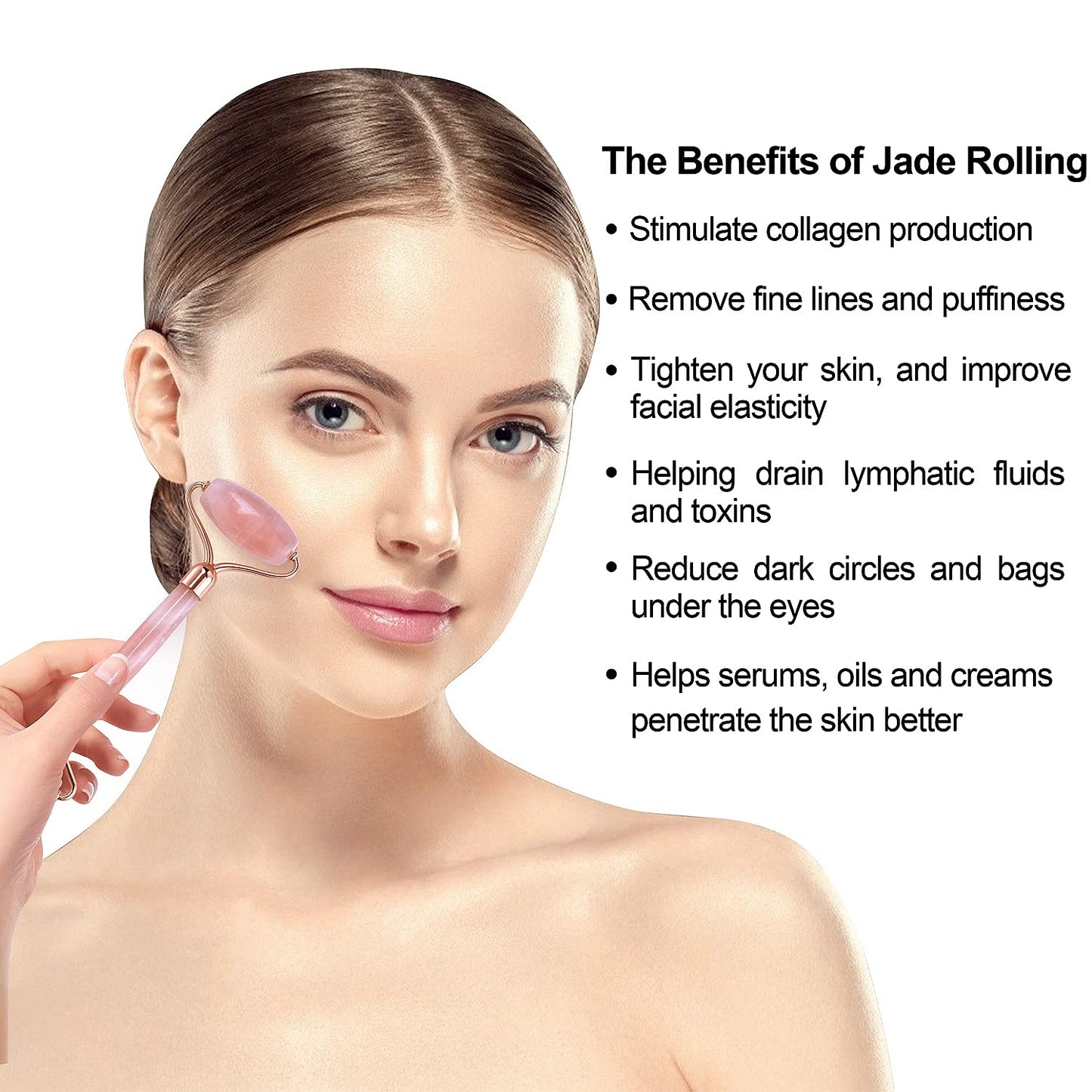Charmonic Jade Roller & Gua Sha Set, 4 in 1 Facial Roller with Gua Sha Scraping Tool and Silicone Brush, Rose Quartz Roller Massager for Face, Eyes, Neck Relaxing and Remove Wrinkles & Eye Puffiness