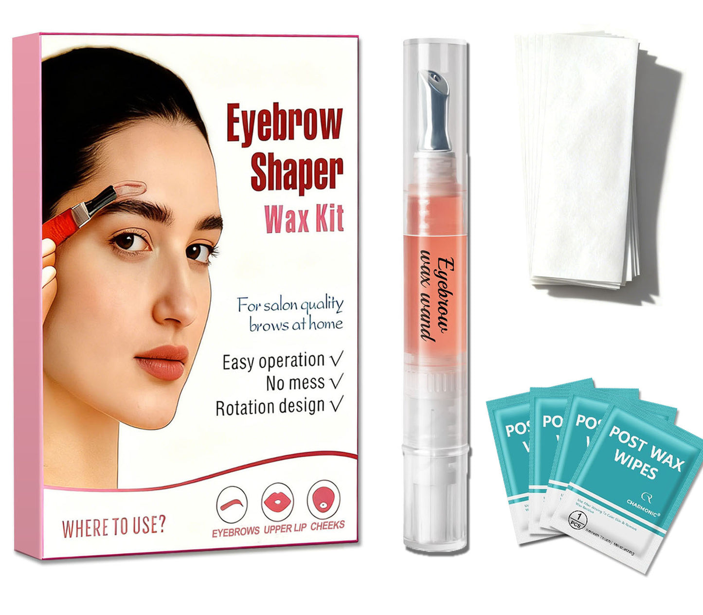Charmonic Eyebrow Wax Pen Kit, Precision Sugar Wax Wand for Face & Upper Lip, At-Home Hair Removal for Women with 50 Strips & Wipes