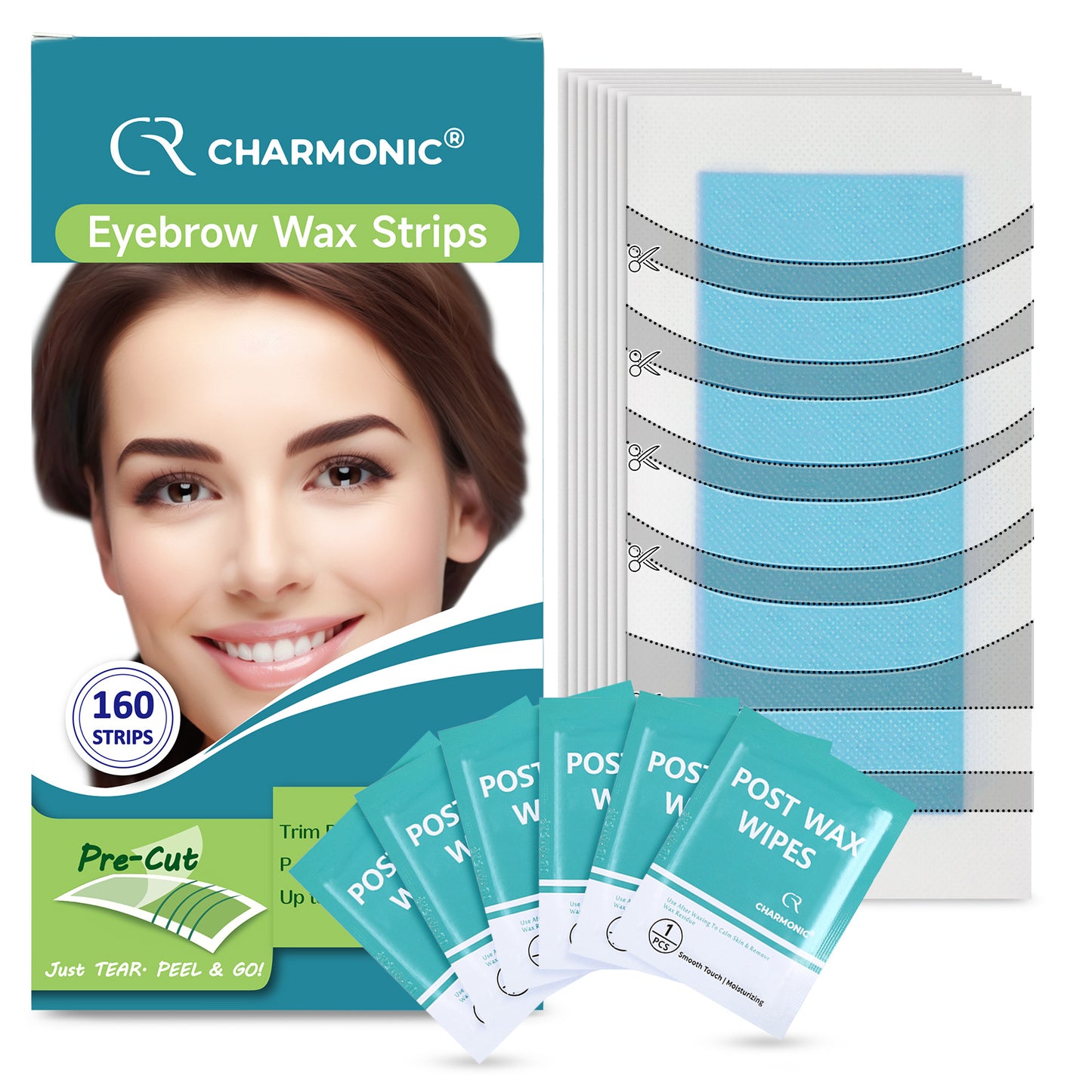 Charmonic 160 Pcs Eyebrow Wax Strips - Pre-cut, Eyebrow Waxing Kit for Eyebrow Shaper and Upper Lip Cheek Face Hair Removal, Traveling and At Home Waxing Kit for Women Contains 10 Post Wax Wipes