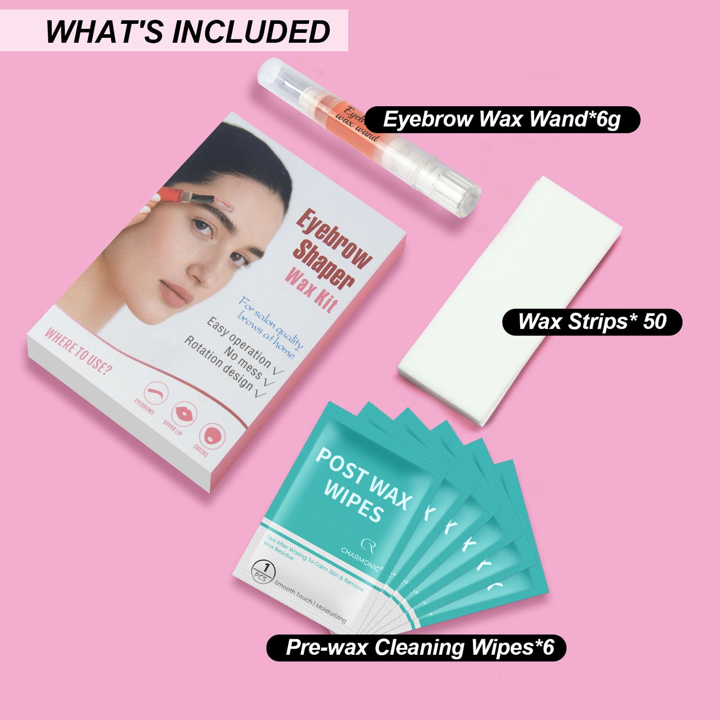 Charmonic Eyebrow Wax Pen Kit, Precision Sugar Wax Wand for Face & Upper Lip, At-Home Hair Removal for Women with 50 Strips & Wipes