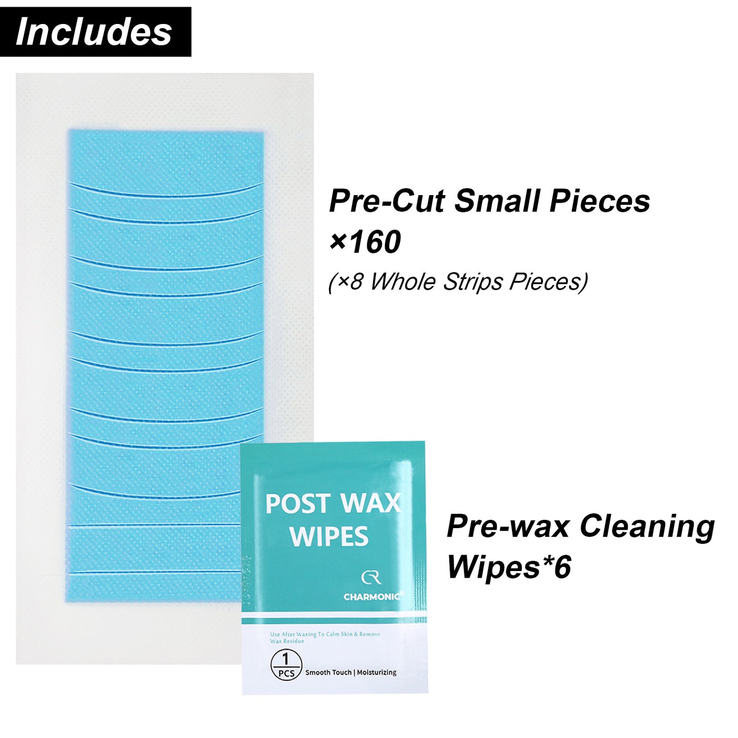 Charmonic 160 Pcs Eyebrow Wax Strips - Pre-cut, Eyebrow Waxing Kit for Eyebrow Shaper and Upper Lip Cheek Face Hair Removal, Traveling and At Home Waxing Kit for Women Contains 10 Post Wax Wipes