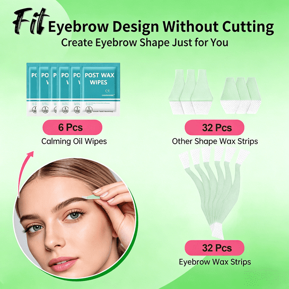 Charmonic Wax Strips - 64 Strip Eyebrow & Upper Lip Hair Remover Waxing Strips with 6 Oil Wipes, Painless at Home Hair Removal for Women(Green)