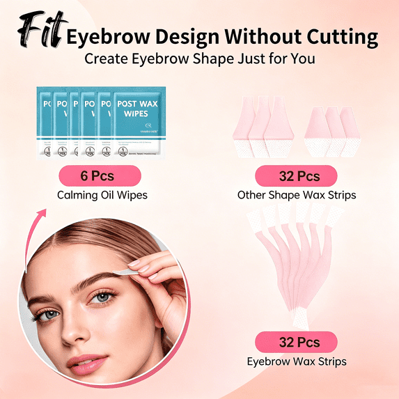 Charmonic Wax Strips - 64 Strip Eyebrow & Upper Lip Hair Remover Waxing Strips with 6 Oil Wipes, Painless at Home Hair Removal for Women(Pink)