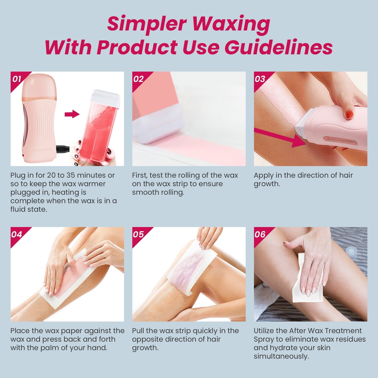 Charmonic Roll On Waxing Kit for Women & Men - 4 Refill Cartridges for Coarse & Fine Hair Removal on Body, Legs, Arms - At-Home Hair Removal for Sensitive Skin