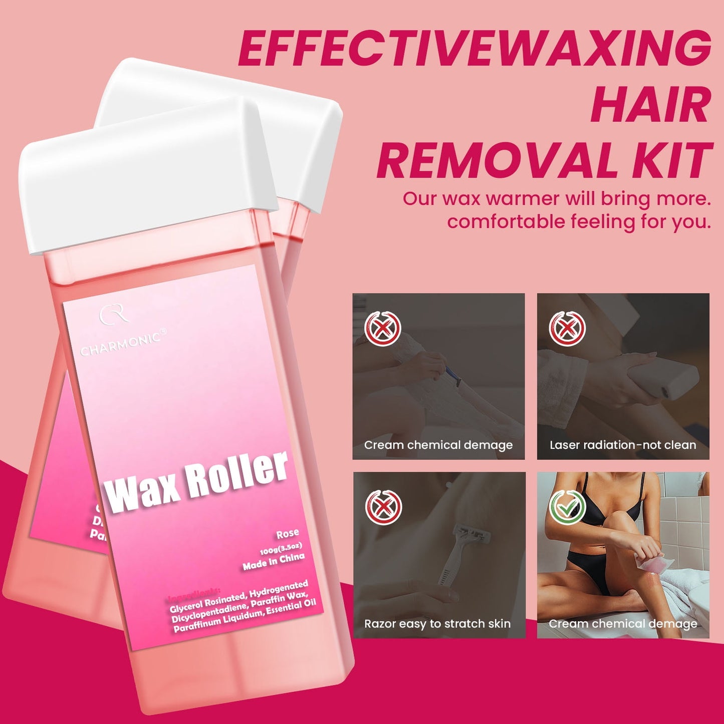 Charmonic Wax Roller Kit for Hair Removal - 3 Cartridges (Coarse/Fine Hair), 100 Woven Strips & Aftercare Wipes | All Skin Types, Beginner-Friendly (F3_LightPink)