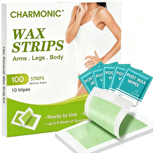 Charmonic 100pcs Wax Strips for Hair Removal, All-Over Body Wax Hair Removal Kit for Women & Men with 10 After-Wax Wipes(Green)
