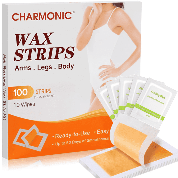 Charmonic 100pcs Wax Strips for Hair Removal, All-Over Body Wax Hair Removal Kit for Women & Men with 10 After-Wax Wipes