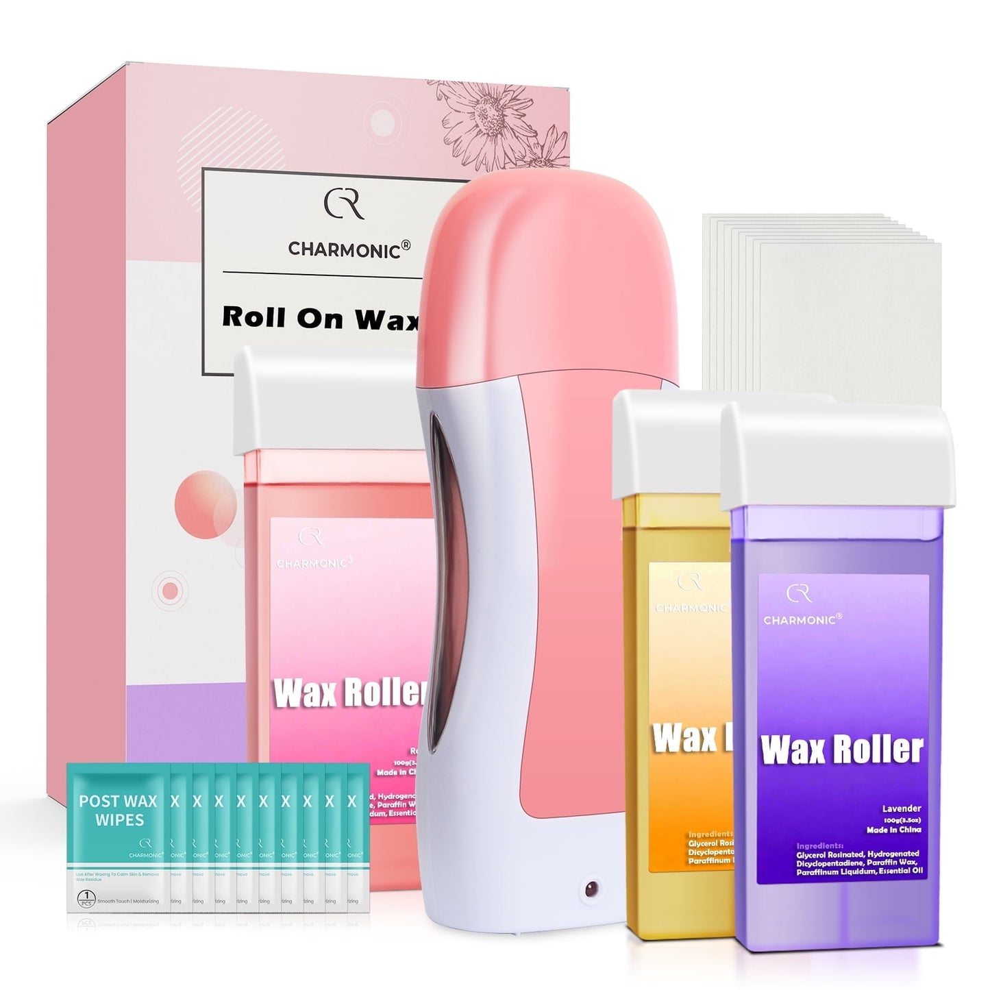 Charmonic Wax Roller Kit for Hair Removal - 3 Cartridges (Coarse/Fine Hair), 100 Woven Strips & Aftercare Wipes | All Skin Types, Beginner-Friendly (F3_Pink)
