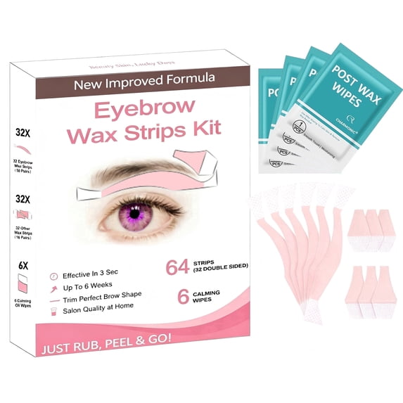 Charmonic Wax Strips - 64 Strip Eyebrow & Upper Lip Hair Remover Waxing Strips with 6 Oil Wipes, Painless at Home Hair Removal for Women(Pink)