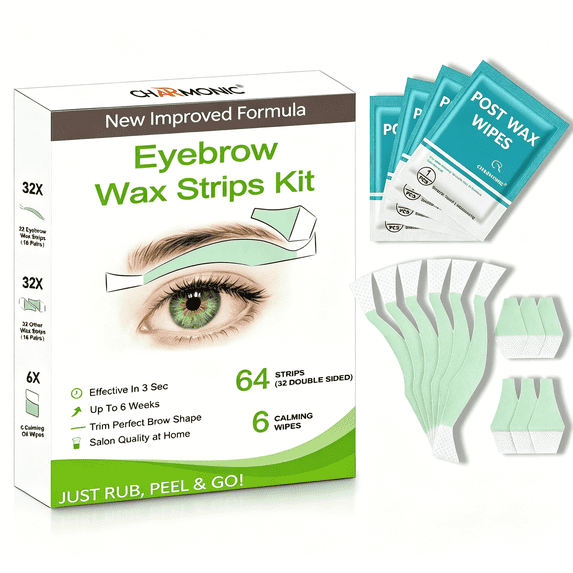 Charmonic Wax Strips - 64 Strip Eyebrow & Upper Lip Hair Remover Waxing Strips with 6 Oil Wipes, Painless at Home Hair Removal for Women(Green)