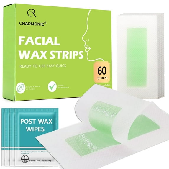Facial Hair Removal Wax Strips 60 Count for Women - at-Home Face Waxing Kit for Eyebrows, Upper Lip, Cheek | All Skin Types | Quick & Painless with 6 Wipes (Green)