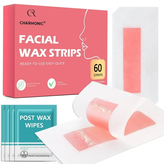 Facial Hair Removal Wax Strips 60 Count for Women - at-Home Face Waxing Kit for Eyebrows, Upper Lip, Cheek | All Skin Types | Quick & Painless with 6 Wipes (Pink)