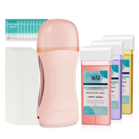 Charmonic All-in-One Roll On Wax Kit for Hair Removal - Includes Soft Heater, 3x100g Wax Cartridges, 100 Non-Woven Strips & 10 Aftercare Oil Wipes - Ideal for Beginners & All Skin Types (F8_Pink)