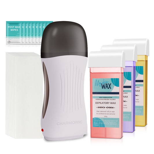Charmonic All-in-One Roll On Wax Kit for Hair Removal - Includes Soft Heater, 3x100g Wax Cartridges, 100 Non-Woven Strips & 10 Aftercare Oil Wipes - Ideal for Beginners & All Skin Types (F8_White)
