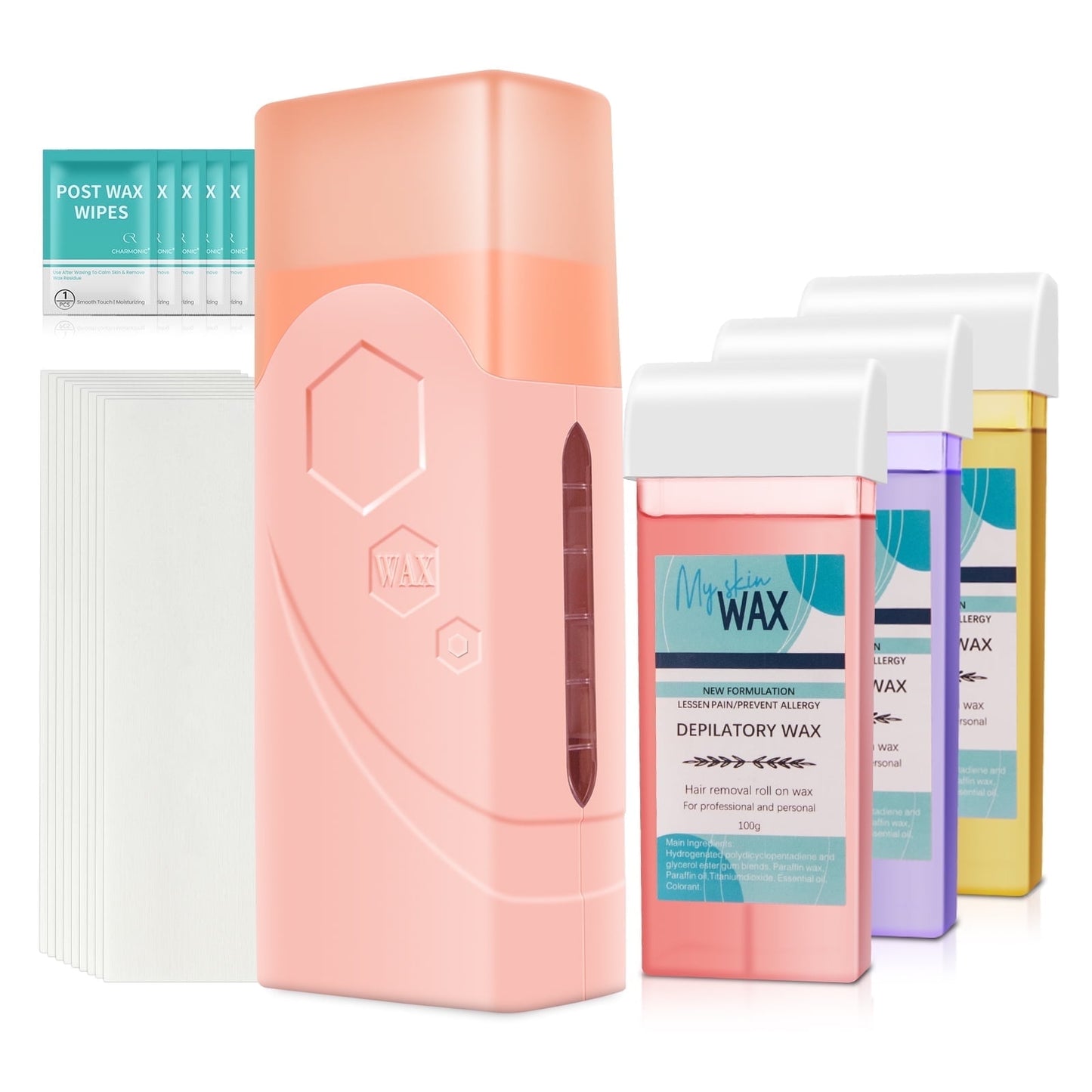 Charmonic Roll On Wax Kit, All-in-One Hair Removal Set with Wax Heater & 3 Cartridges, 100 Strips & Wipes, for Beginners & All Skin Types (White)