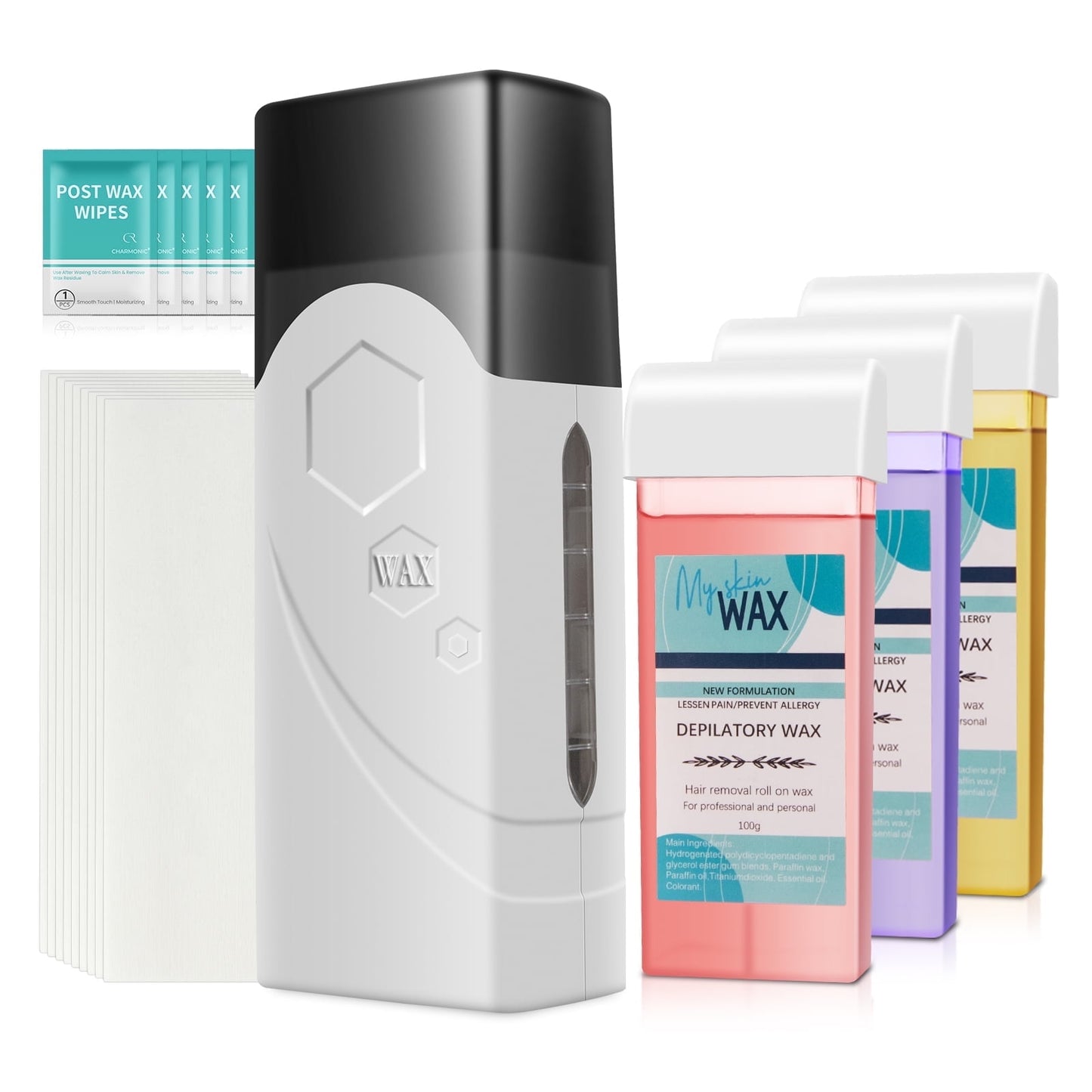 Charmonic Roll On Wax Kit, All-in-One Hair Removal Set with Wax Heater & 3 Cartridges, 100 Strips & Wipes, for Beginners & All Skin Types (White)