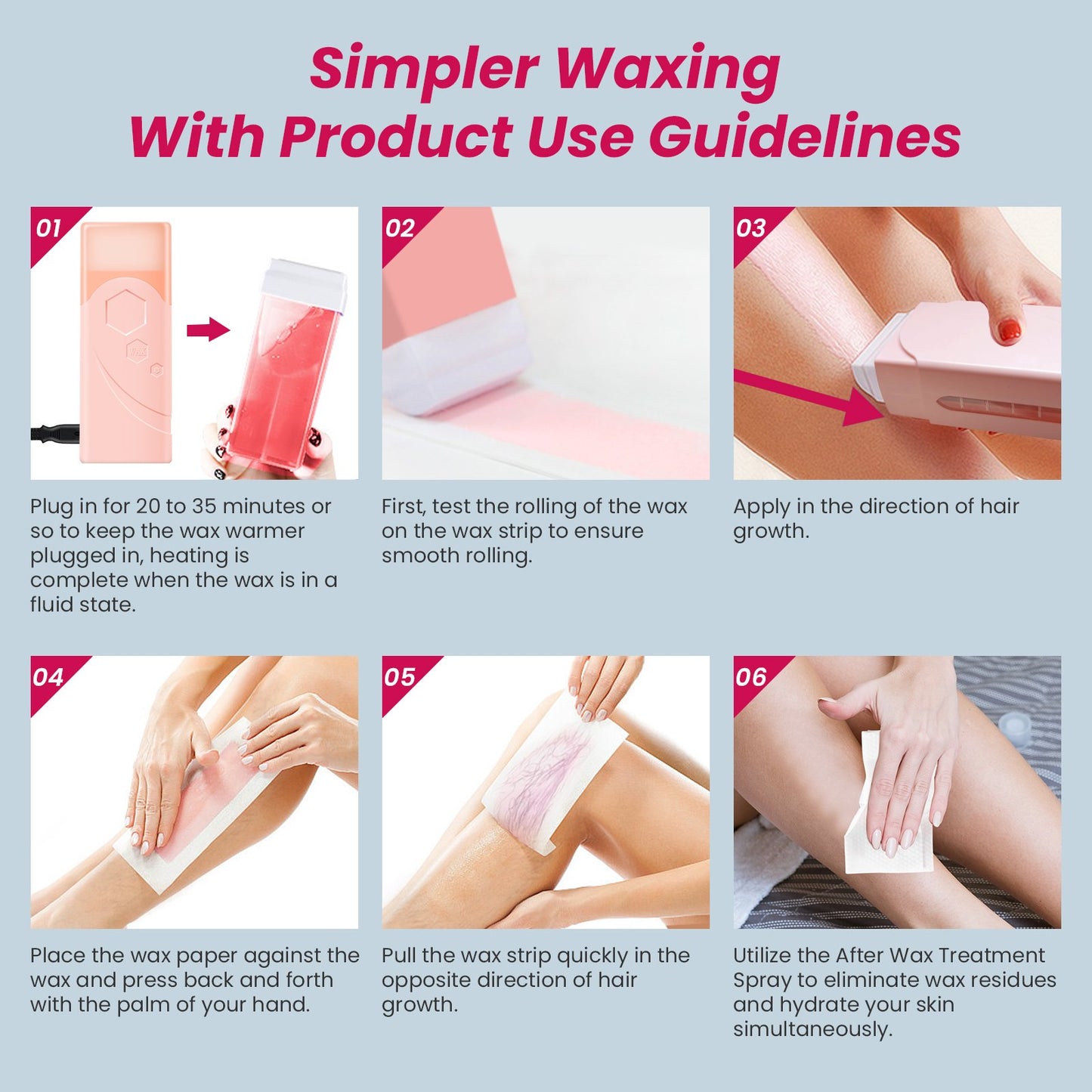 Charmonic Roll On Wax Kit, All-in-One Hair Removal Set with Wax Heater & 3 Cartridges, 100 Strips & Wipes, for Beginners & All Skin Types (Pink)