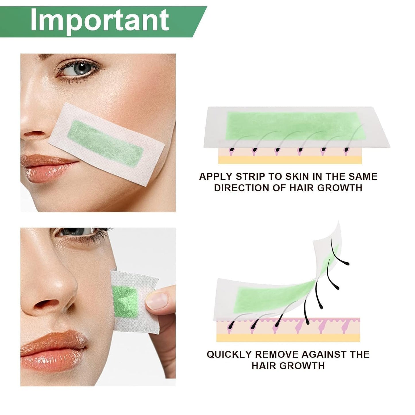 Facial Hair Removal Wax Strips 60 Count for Women - at-Home Face Waxing Kit for Eyebrows, Upper Lip, Cheek | All Skin Types | Quick & Painless with 6 Wipes (Green)