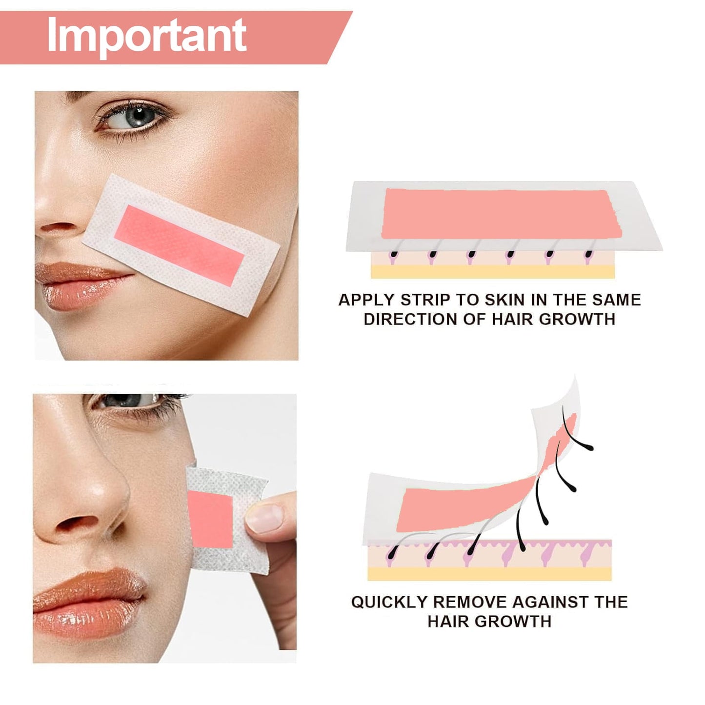 Facial Hair Removal Wax Strips 60 Count for Women - at-Home Face Waxing Kit for Eyebrows, Upper Lip, Cheek | All Skin Types | Quick & Painless with 6 Wipes (Pink)