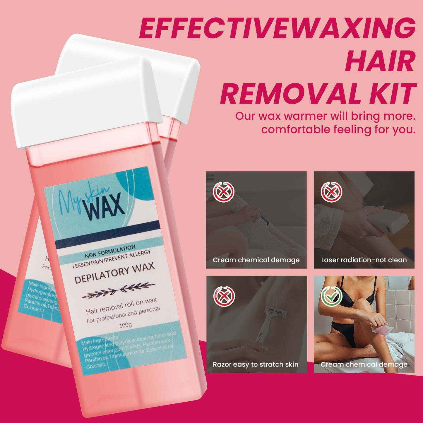 Charmonic Roll On Wax Kit, All-in-One Hair Removal Set with Wax Heater & 3 Cartridges, 100 Strips & Wipes, for Beginners & All Skin Types (White)