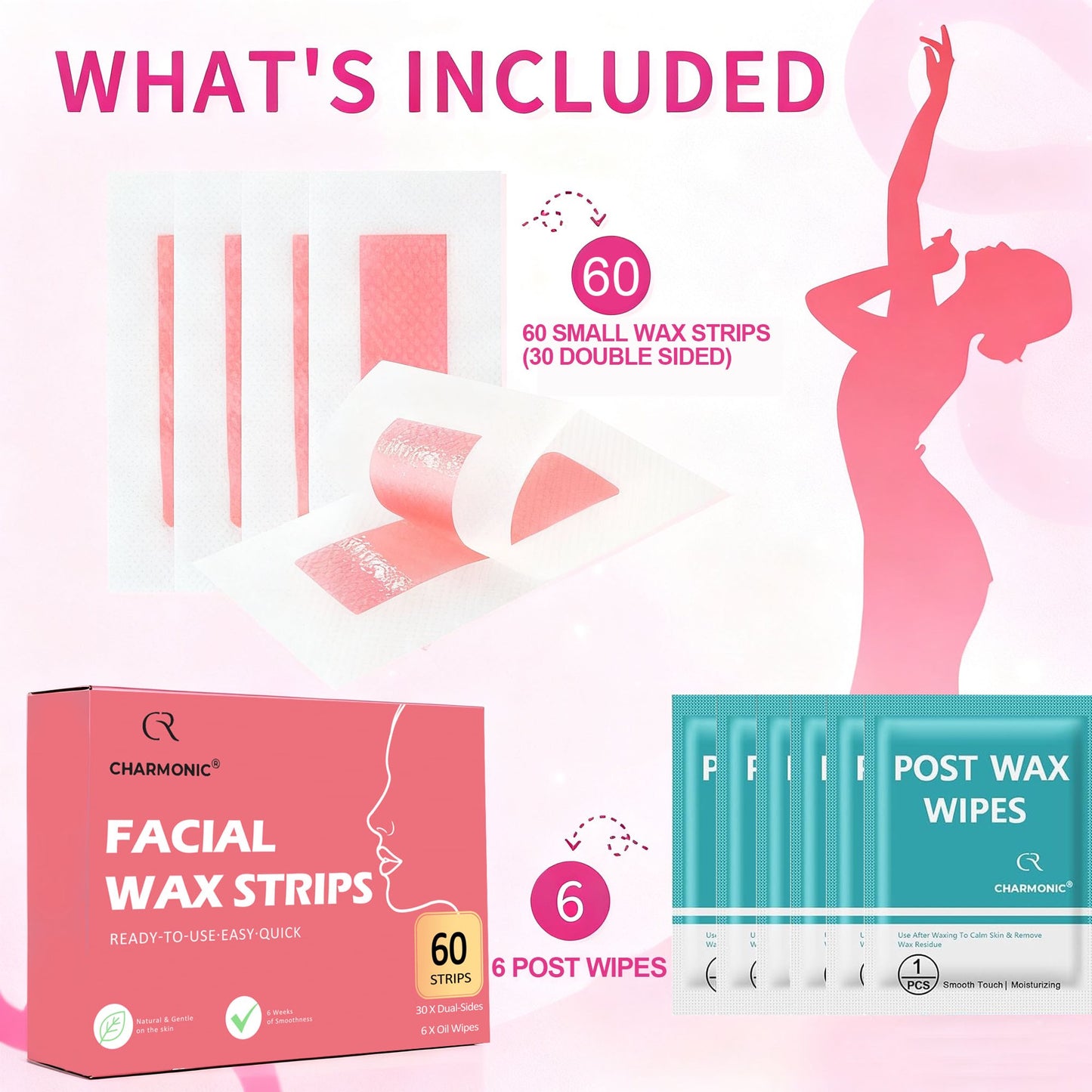 Facial Hair Removal Wax Strips 60 Count for Women - at-Home Face Waxing Kit for Eyebrows, Upper Lip, Cheek | All Skin Types | Quick & Painless with 6 Wipes (Pink)