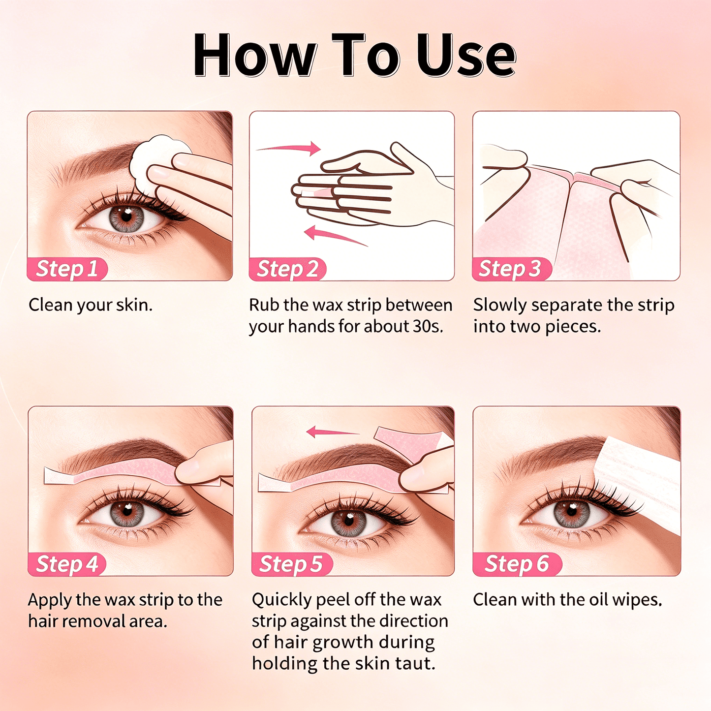 Charmonic Wax Strips - 64 Strip Eyebrow & Upper Lip Hair Remover Waxing Strips with 6 Oil Wipes, Painless at Home Hair Removal for Women(Pink)