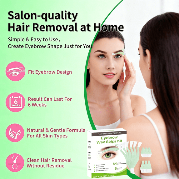 Charmonic Wax Strips - 64 Strip Eyebrow & Upper Lip Hair Remover Waxing Strips with 6 Oil Wipes, Painless at Home Hair Removal for Women(Green)