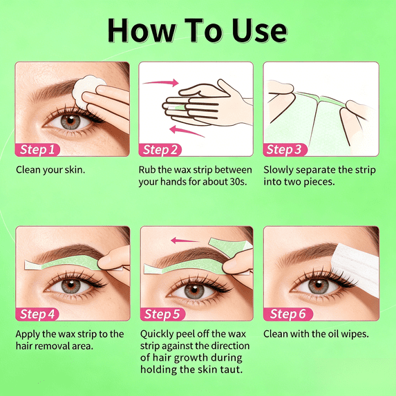 Charmonic Wax Strips - 64 Strip Eyebrow & Upper Lip Hair Remover Waxing Strips with 6 Oil Wipes, Painless at Home Hair Removal for Women(Green)