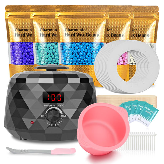 Charmonic Wax Warmer, Upgrade Digital Waxing Kit with Silicone Pot & 500g Hard Wax Beads for Whole Body Brazilian Bikini Legs Armpit Nose Hair Removal, Hot Wax Machine with All Waxing Accessories-Black