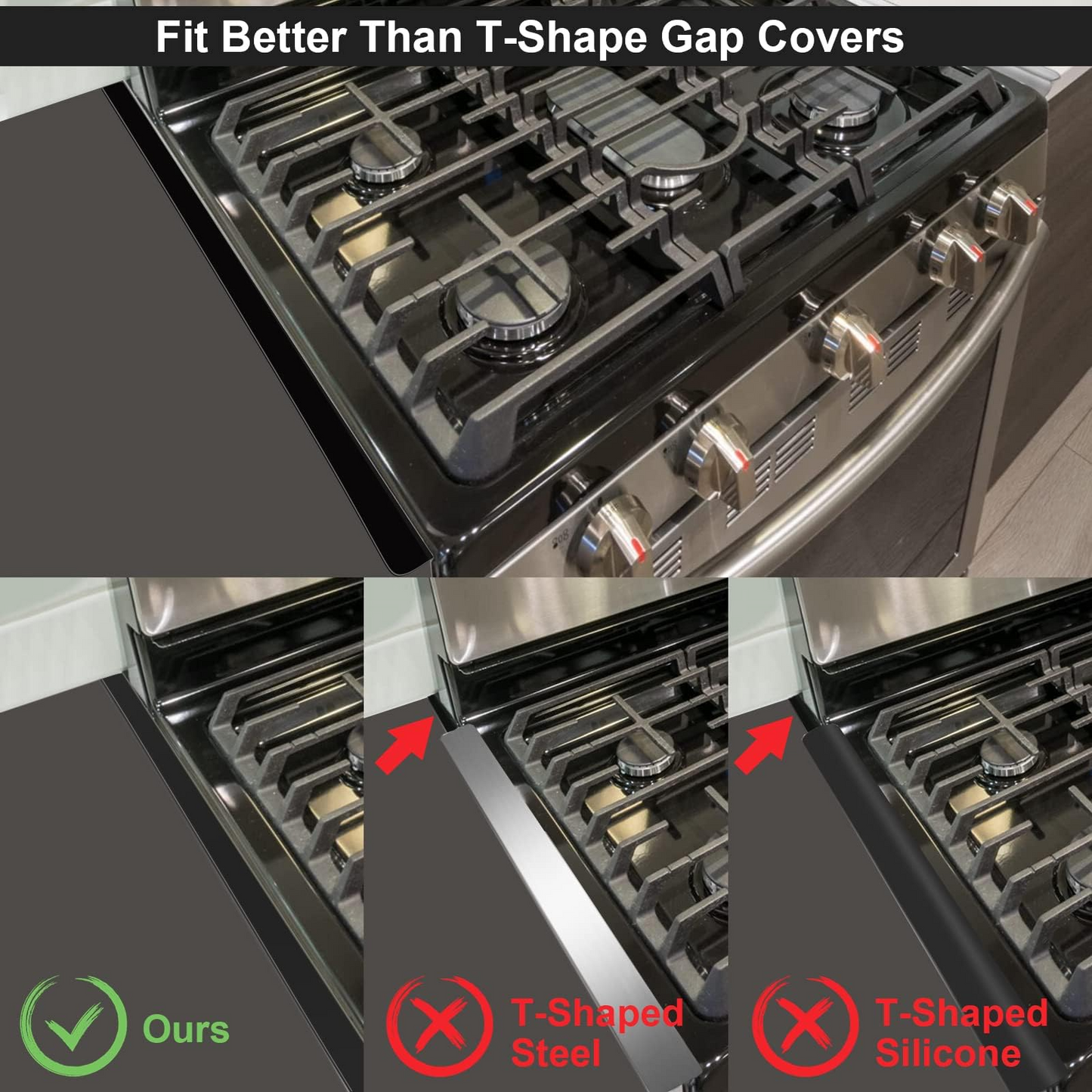 Kozyland Stove Gap Covers - Stainless Steel, Oven Gap Filler, Heat Resistant & Easy To Clean, Between Stove and Counter Guard (Black, 23.5"L, 0.9" W)
