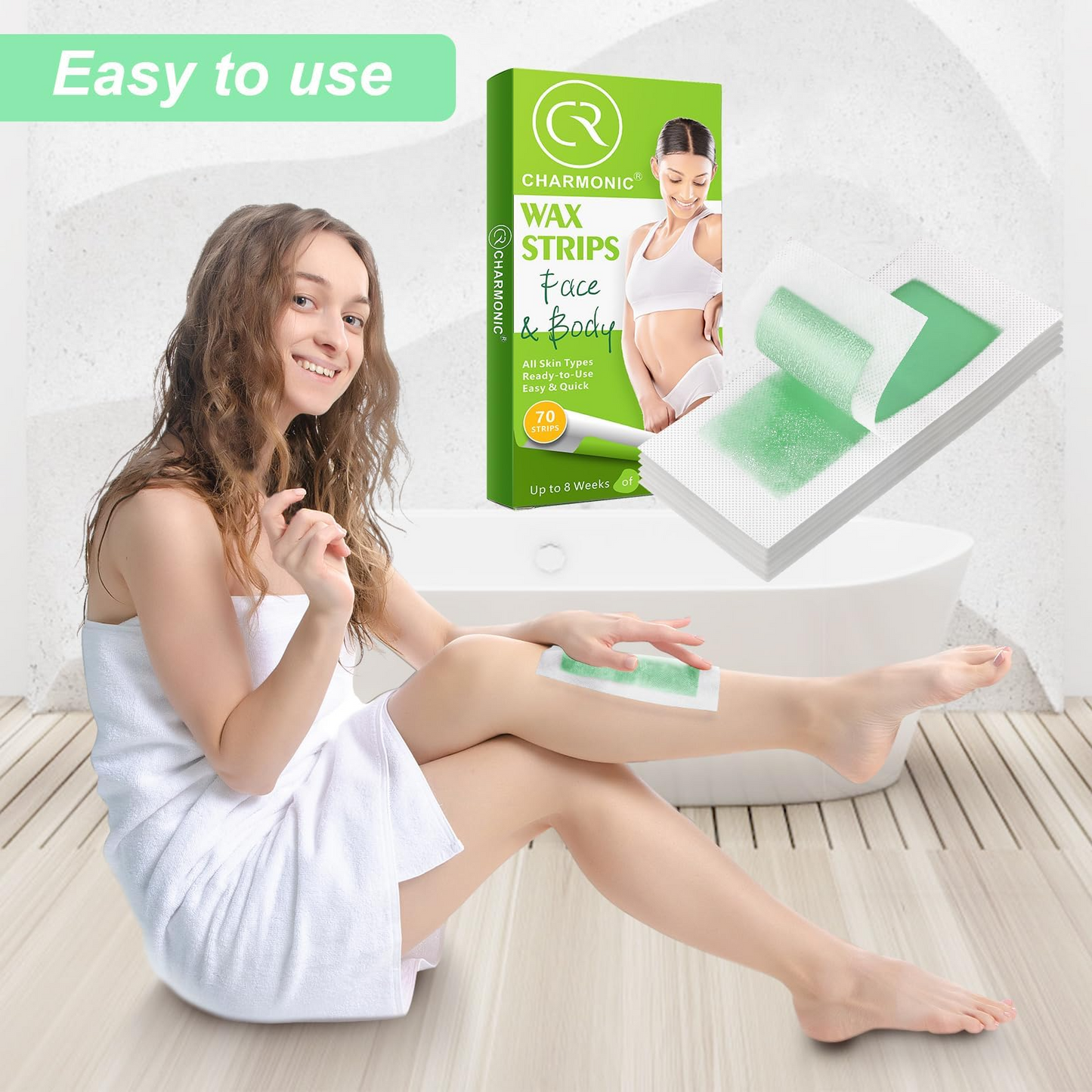Charmonic Wax Strips 70 Count for Body & Face, At Home Waxing Kit for Eyebrow Leg Facial Bikini Hair Removal for Women (2 Sizes 70 Strips+ 4 Wipes)