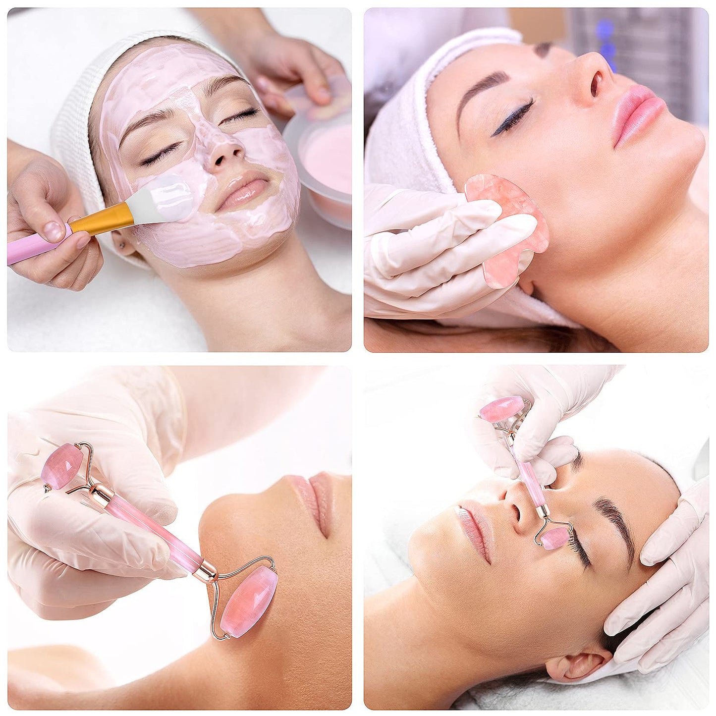 Charmonic Jade Roller & Gua Sha Set, 4 in 1 Facial Roller with Gua Sha Scraping Tool and Silicone Brush, Rose Quartz Roller Massager for Face, Eyes, Neck Relaxing and Remove Wrinkles & Eye Puffiness