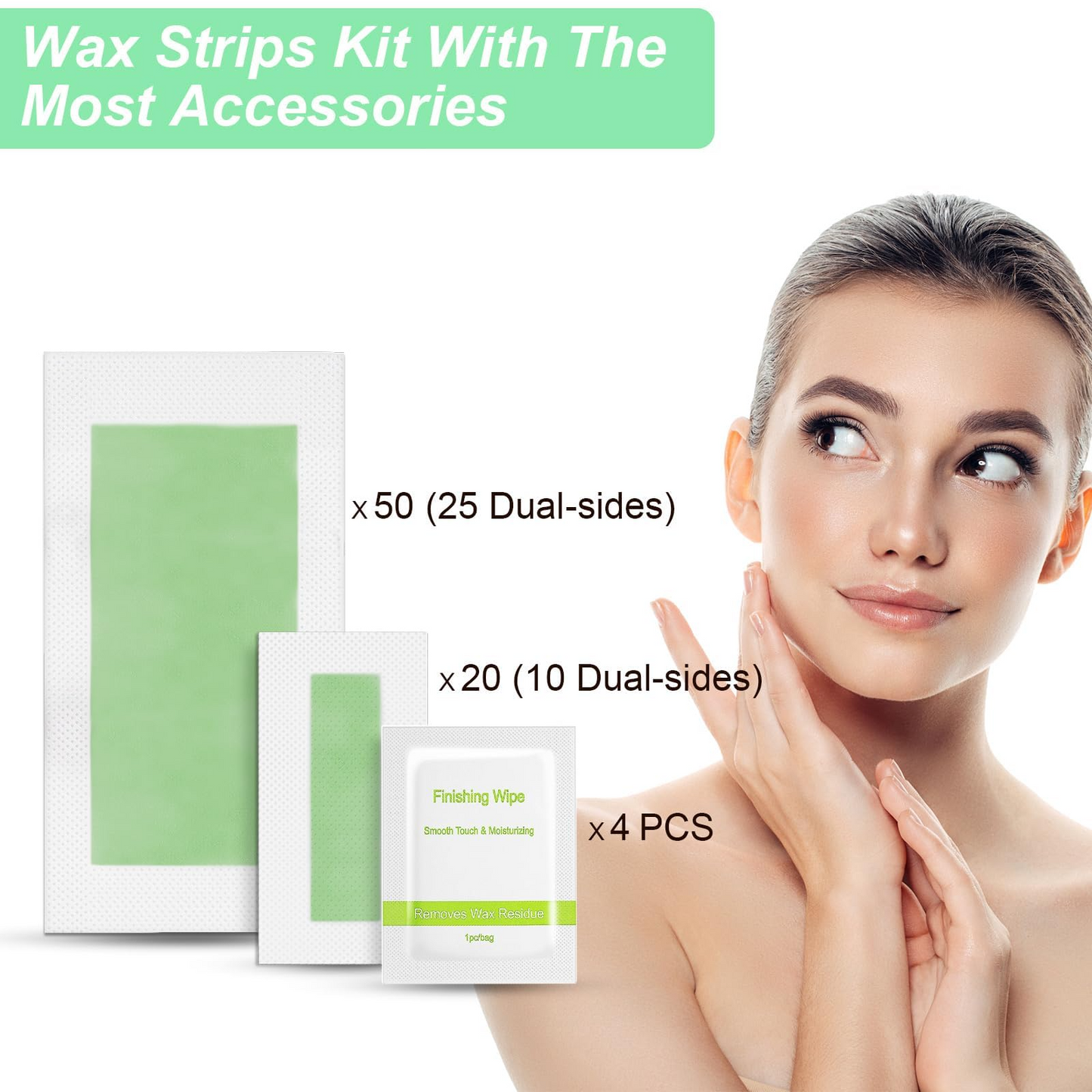 Charmonic Wax Strips 70 Count for Body & Face, At Home Waxing Kit for Eyebrow Leg Facial Bikini Hair Removal for Women (2 Sizes 70 Strips+ 4 Wipes)