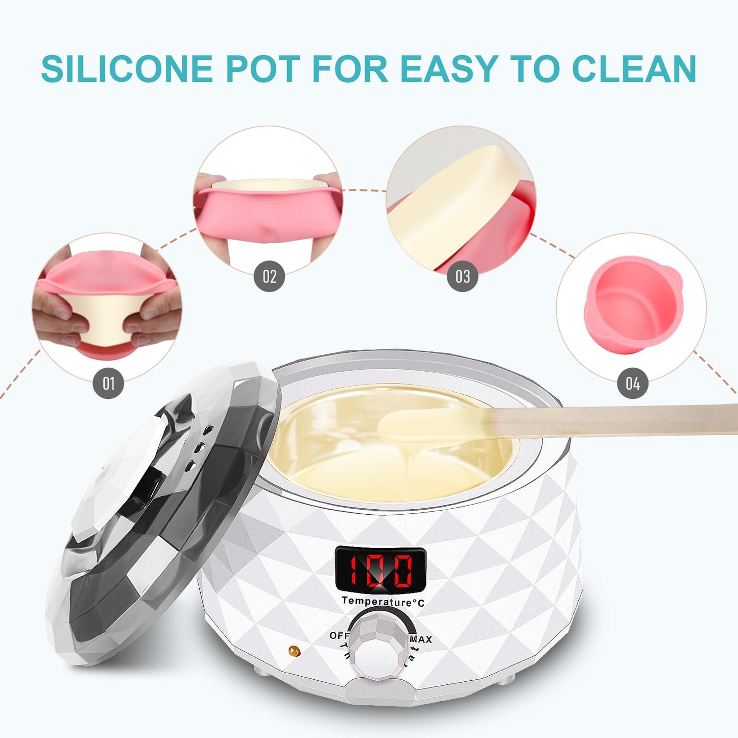 Charmonic Wax Warmer, Upgrade Digital Waxing Kit with Silicone Pot & 500g Hard Wax Beads for Whole Body Brazilian Bikini Legs Armpit Nose Hair Removal, Hot Wax Machine (White)