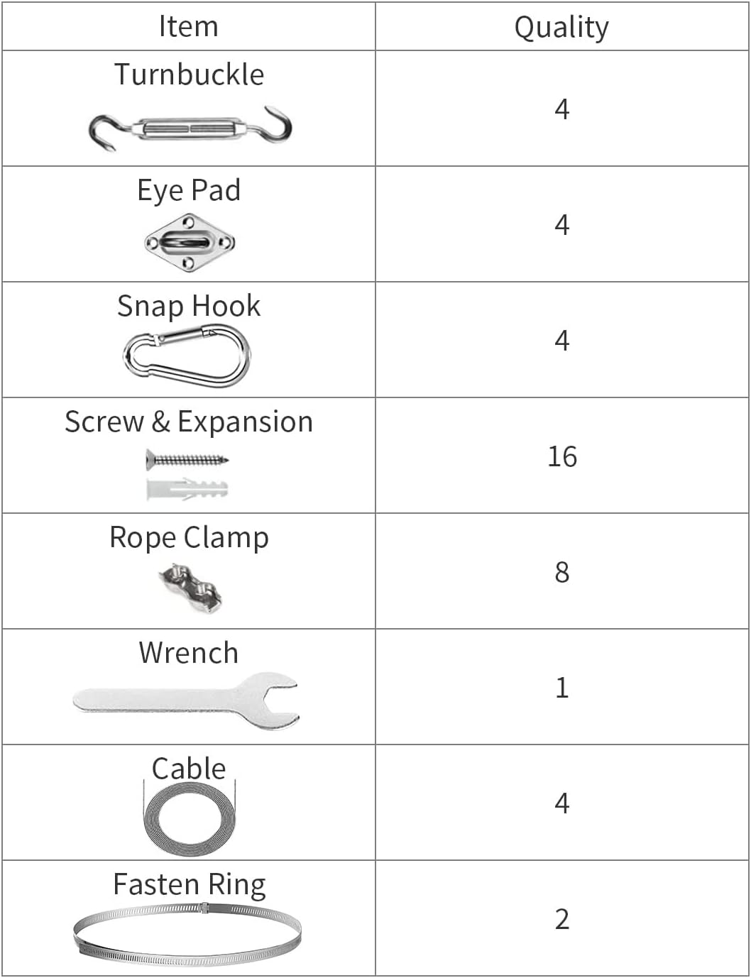KOZYLAND Shade Sail Hardware Kit, Sun Shade Hardware Kit with 304 Stainless Steel Wire Rope for Square/Rectangle/Triangle Sun Shade Sails, Anti-Rust Stainless Steel Accessories for Outdoor (6 inch, 50/59 pcs)