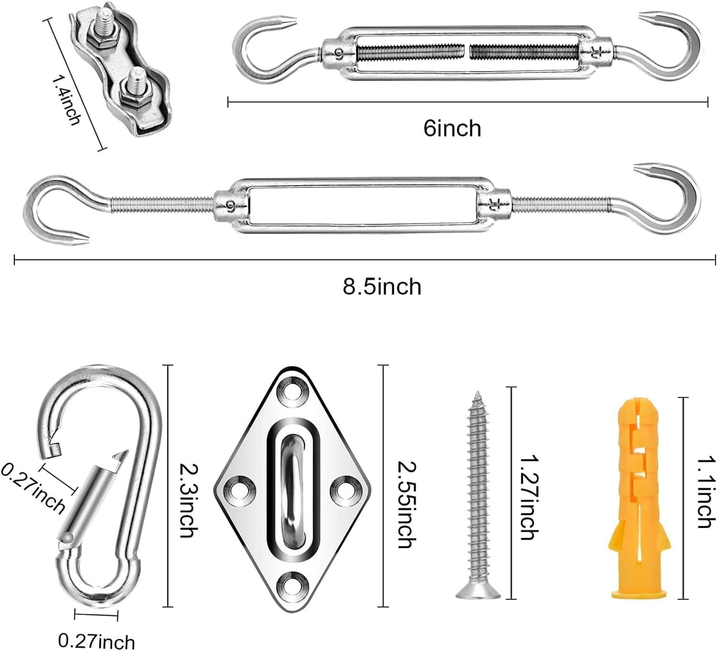 KOZYLAND Shade Sail Hardware Kit, Sun Shade Hardware Kit with 304 Stainless Steel Wire Rope for Square/Rectangle/Triangle Sun Shade Sails, Anti-Rust Stainless Steel Accessories for Outdoor (6 inch, 50/59 pcs)