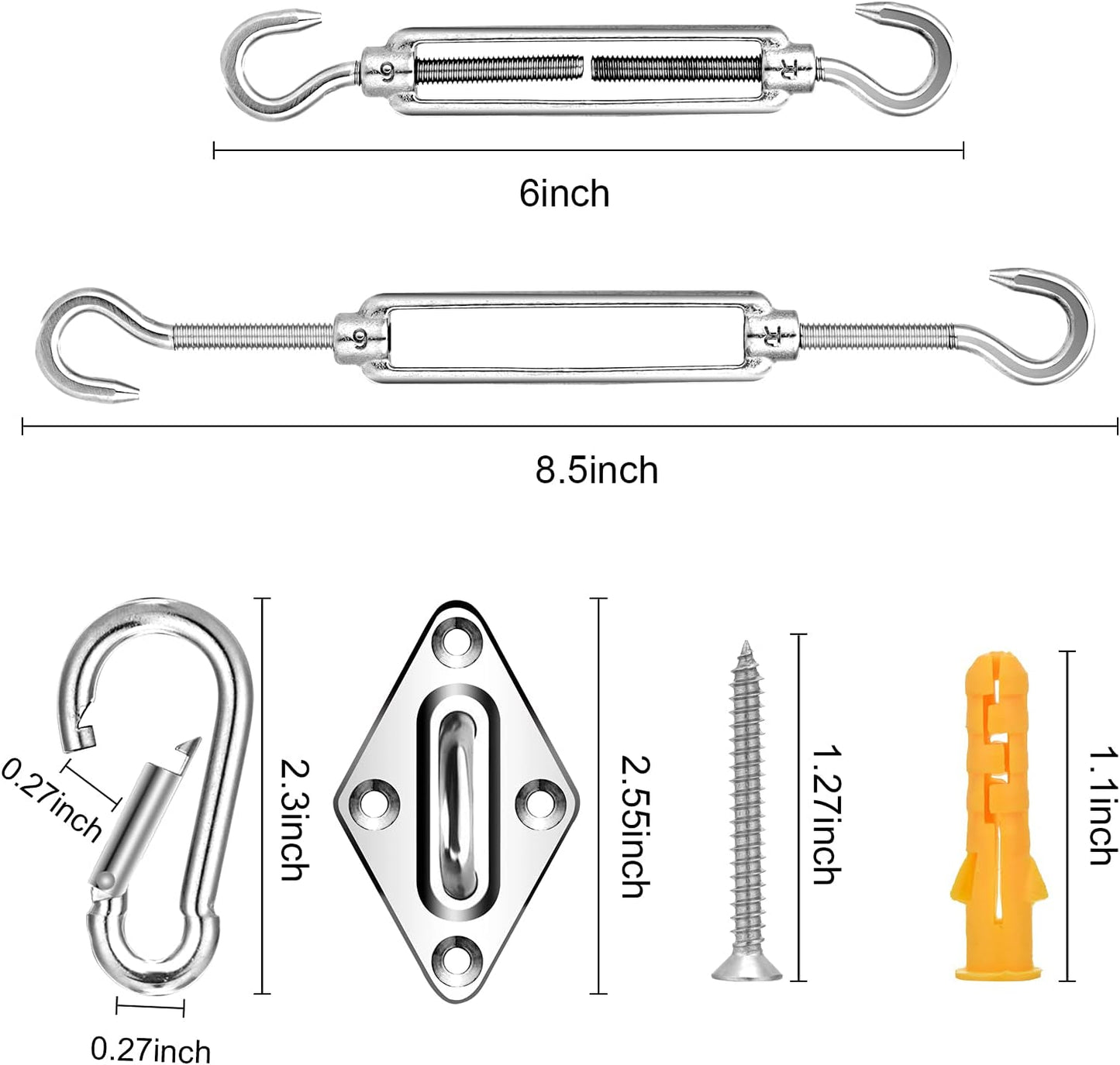 KOZYLAND Shade Sail Hardware Kit, Sun Shade Hardware Kit with 304 Stainless Steel Wire Rope for Square/Rectangle/Triangle Sun Shade Sails, Anti-Rust Stainless Steel Accessories for Outdoor (6 inch, 50/59 pcs)