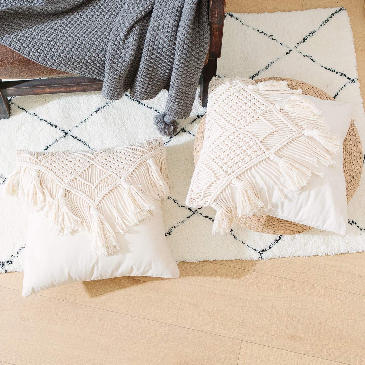KOZYLAND Throw Pillow Covers, Macrame Cushion Case, Woven Boho Cushion Cover for Bed Sofa Couch Bench Car Home Decor, Comfy Square Pillow Cases with Tassels, Set of 2 Decorative Pillowcase (17X17 inch, Cream)