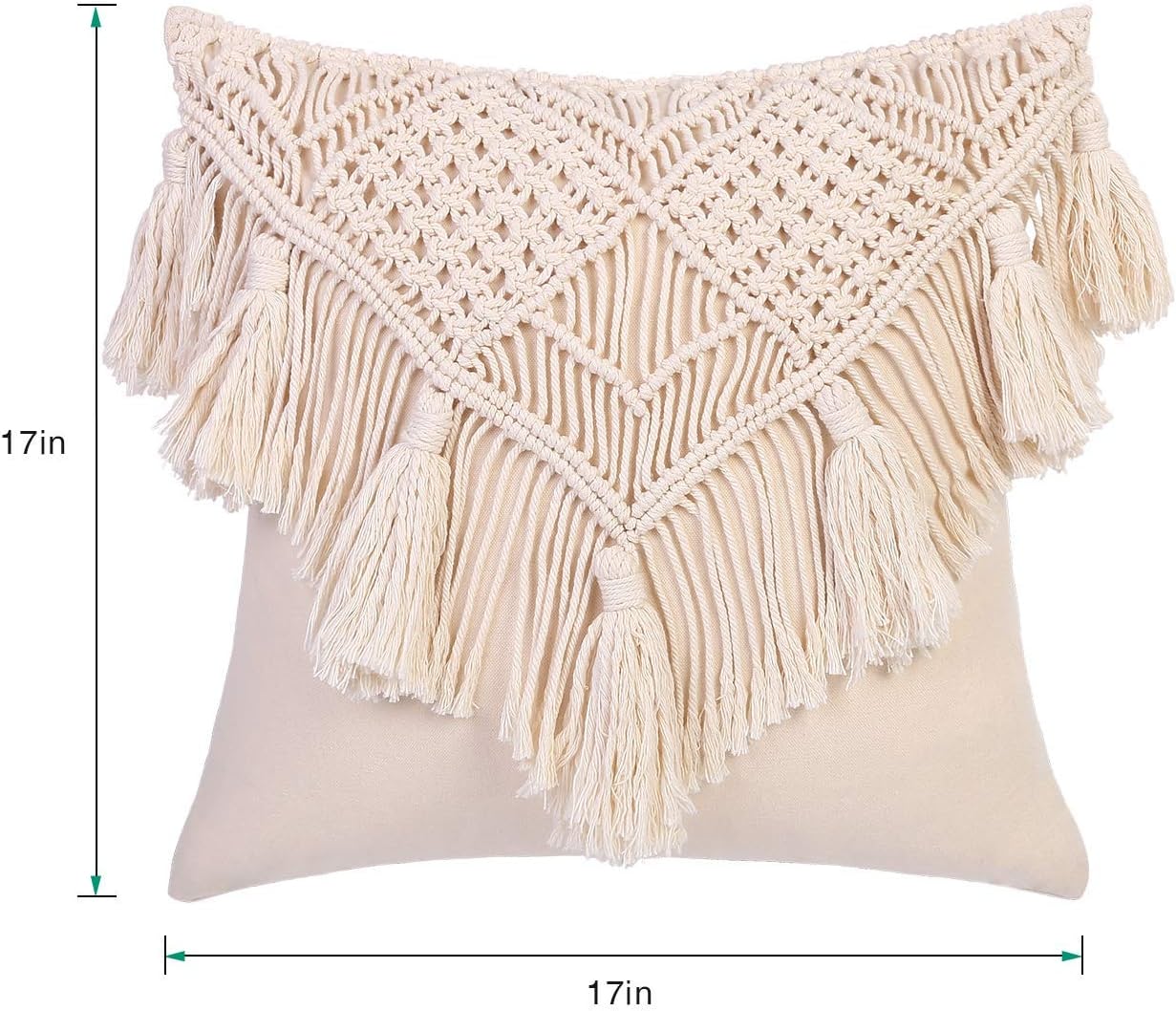 KOZYLAND Throw Pillow Covers, Macrame Cushion Case, Woven Boho Cushion Cover for Bed Sofa Couch Bench Car Home Decor, Comfy Square Pillow Cases with Tassels, Set of 2 Decorative Pillowcase (17X17 inch, Cream)