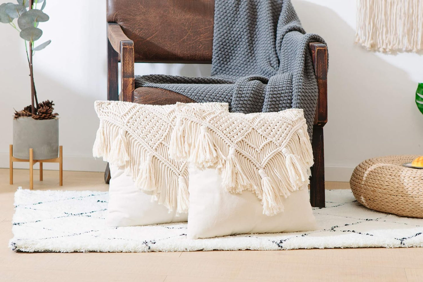 KOZYLAND Throw Pillow Covers, Macrame Cushion Case, Woven Boho Cushion Cover for Bed Sofa Couch Bench Car Home Decor, Comfy Square Pillow Cases with Tassels, Set of 2 Decorative Pillowcase (17X17 inch, Cream)