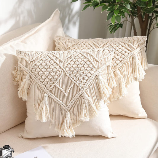KOZYLAND Throw Pillow Covers, Macrame Cushion Case, Woven Boho Cushion Cover for Bed Sofa Couch Bench Car Home Decor, Comfy Square Pillow Cases with Tassels, Set of 2 Decorative Pillowcase (17X17 inch, Cream)