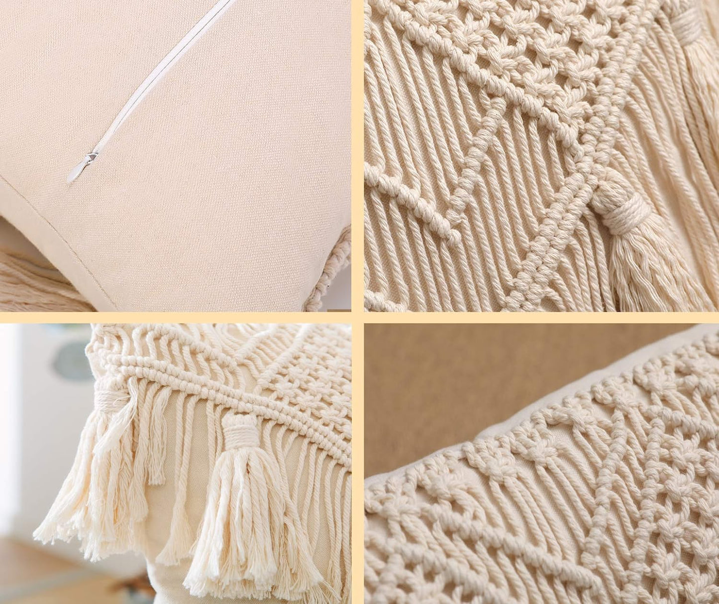 KOZYLAND Throw Pillow Covers, Macrame Cushion Case, Woven Boho Cushion Cover for Bed Sofa Couch Bench Car Home Decor, Comfy Square Pillow Cases with Tassels, Set of 2 Decorative Pillowcase (17X17 inch, Cream)