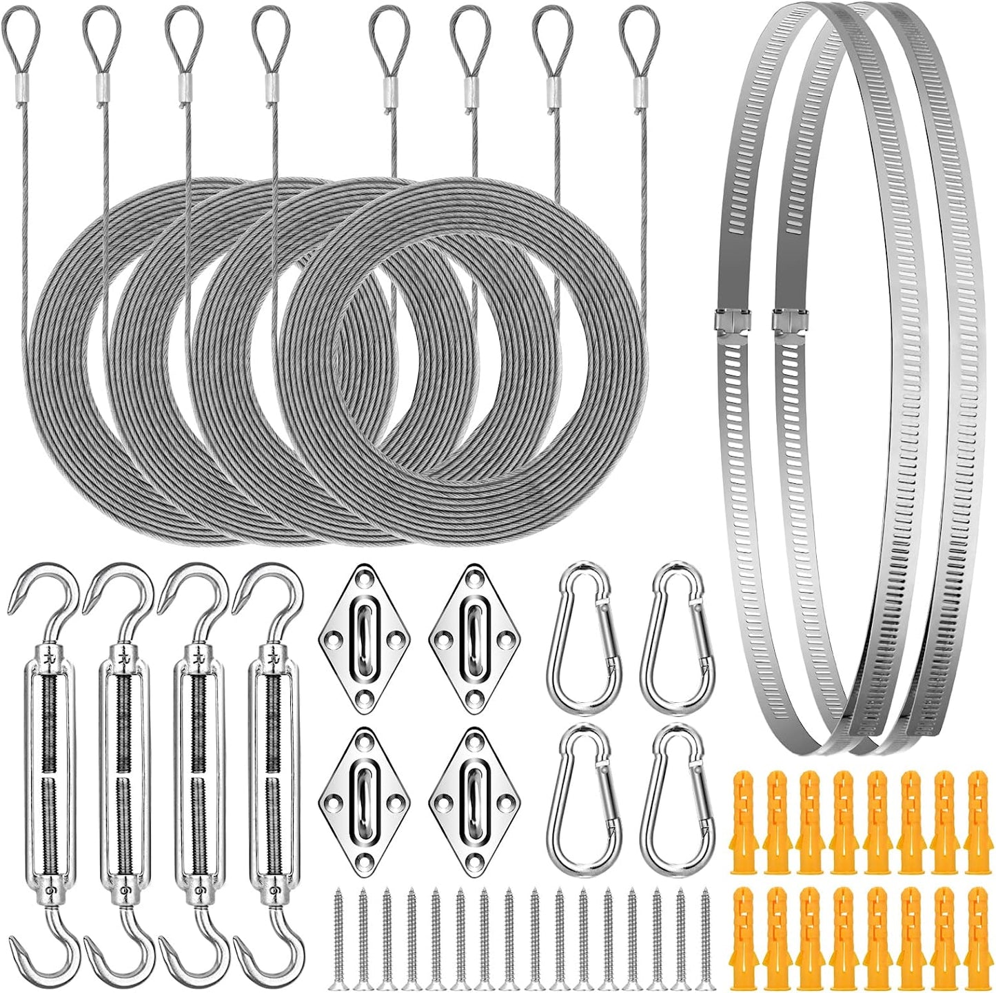 KOZYLAND Shade Sail Hardware Kit, Sun Shade Hardware Kit with 304 Stainless Steel Wire Rope for Square/Rectangle/Triangle Sun Shade Sails, Anti-Rust Stainless Steel Accessories for Outdoor (6 inch, 50/59 pcs)