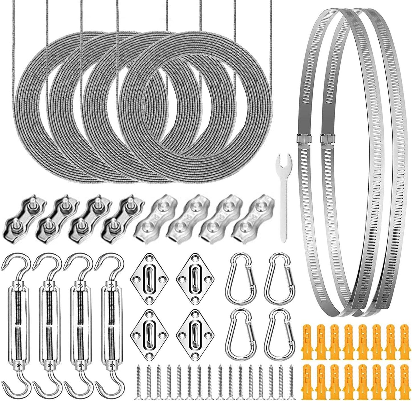 KOZYLAND Shade Sail Hardware Kit, Sun Shade Hardware Kit with 304 Stainless Steel Wire Rope for Square/Rectangle/Triangle Sun Shade Sails, Anti-Rust Stainless Steel Accessories for Outdoor (6 inch, 50/59 pcs)