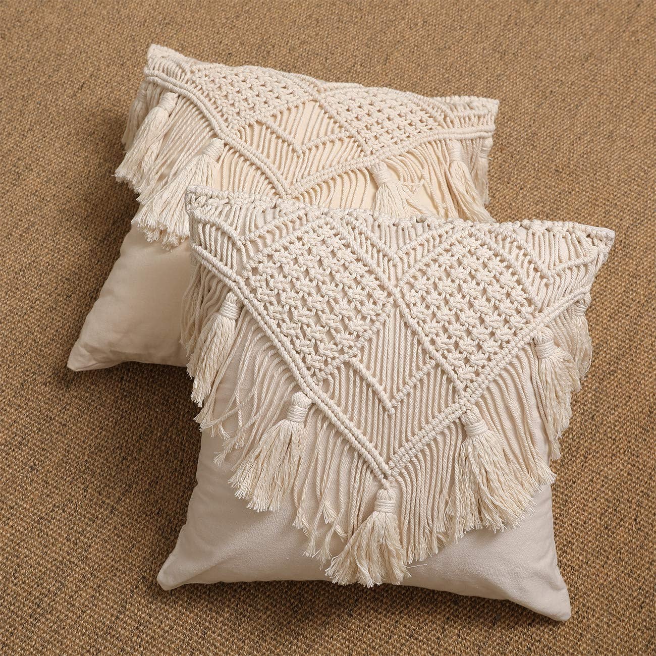 KOZYLAND Throw Pillow Covers, Macrame Cushion Case, Woven Boho Cushion Cover for Bed Sofa Couch Bench Car Home Decor, Comfy Square Pillow Cases with Tassels, Set of 2 Decorative Pillowcase (17X17 inch, Cream)