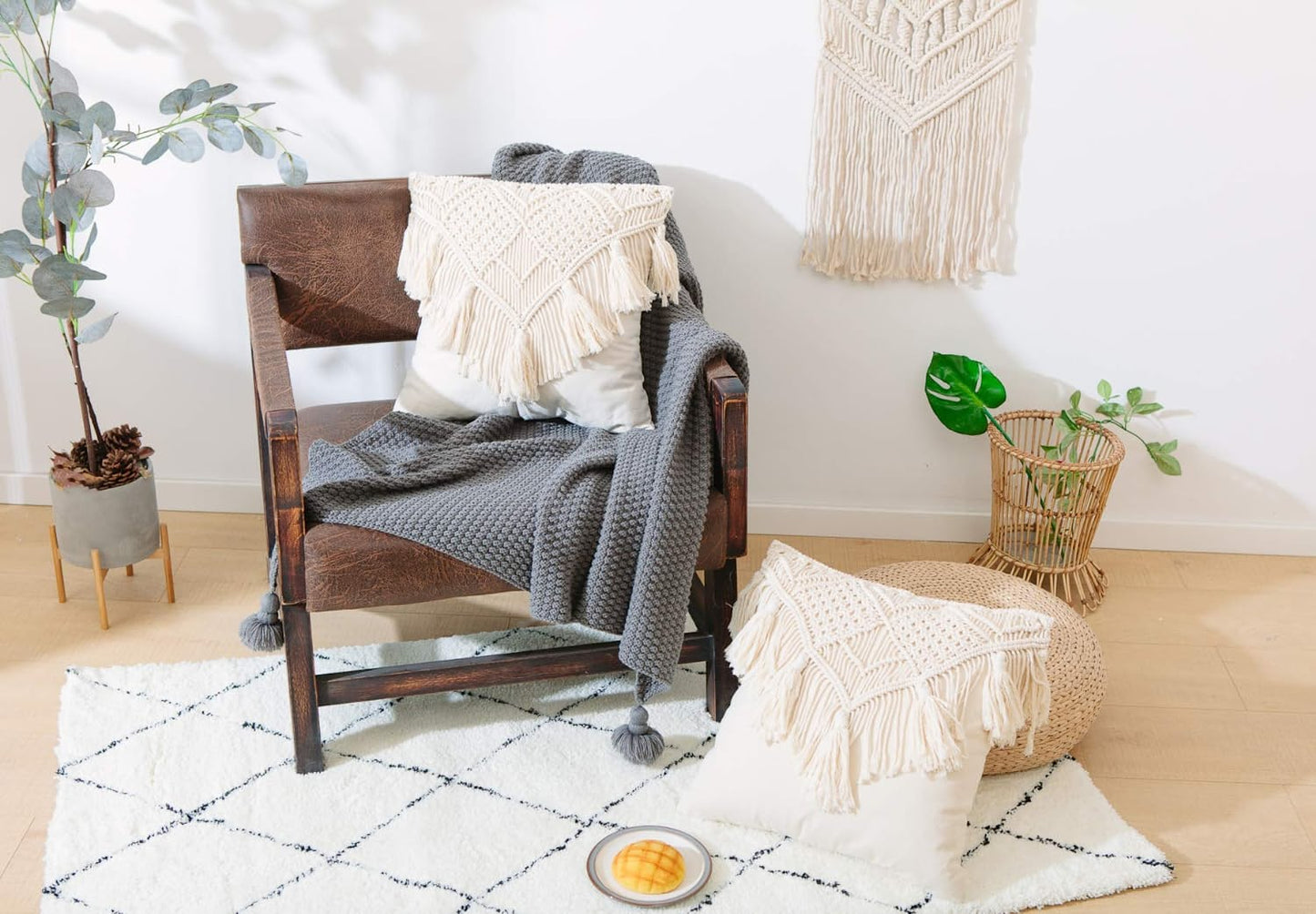 KOZYLAND Throw Pillow Covers, Macrame Cushion Case, Woven Boho Cushion Cover for Bed Sofa Couch Bench Car Home Decor, Comfy Square Pillow Cases with Tassels, Set of 2 Decorative Pillowcase (17X17 inch, Cream)