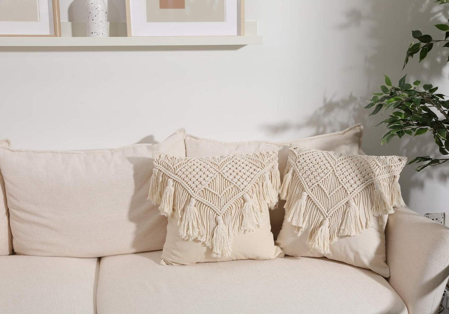 KOZYLAND Throw Pillow Covers, Macrame Cushion Case, Woven Boho Cushion Cover for Bed Sofa Couch Bench Car Home Decor, Comfy Square Pillow Cases with Tassels, Set of 2 Decorative Pillowcase (17X17 inch, Cream)